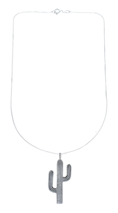 Sterling Silver 16" Italian Box Chain Cactus Necklace Pendant Set AX128169